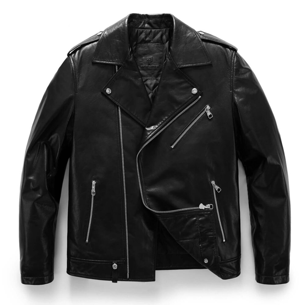 Goatskin Classic Black Leather Moto Jacket with Epaulettes