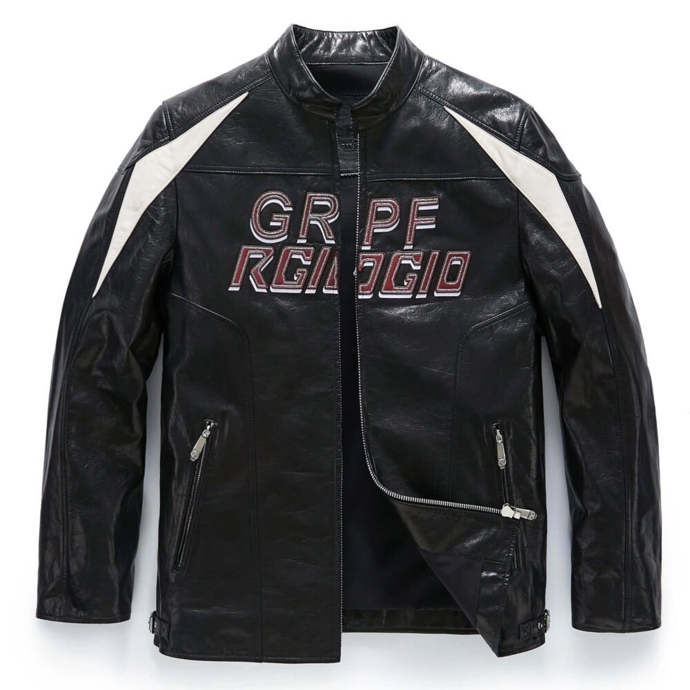 Men's Black Goatskin Patch Leather Racer Bomber Jacket